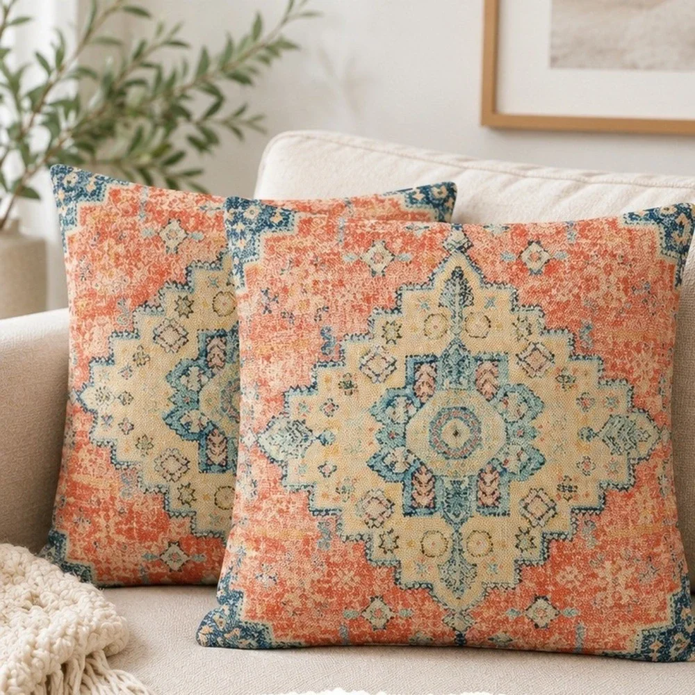 Set of 2 Boho Medallion Pillow Covers Pink Teal‎ Linen Blend Square 16x16